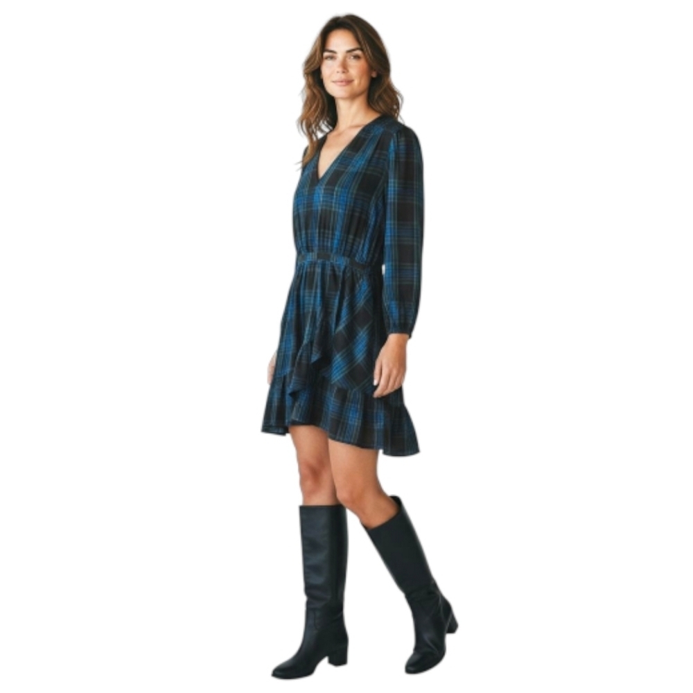 FREE ASSEMBLY XL-1X Plaid mini wrapdress black,blue,green long Sleeve Pockets - Picture 5 of 16